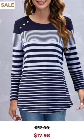 Navy Decorative Button Striped Long Sleeve T Shirt