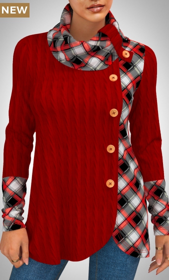 Decorative Button Christmas Plaid Twisted Red Sweatshirt