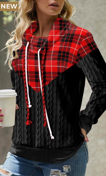 Red Tartan Print Long Sleeve Cowl Neck Sweatshirt
