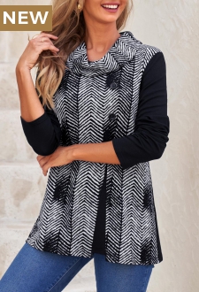 Black Decorative Button Chevron Print Long Sleeve Sweatshirt
