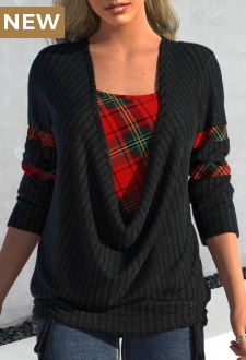 Black Faux Two Piece Tie Side Plaid Sweatshirt