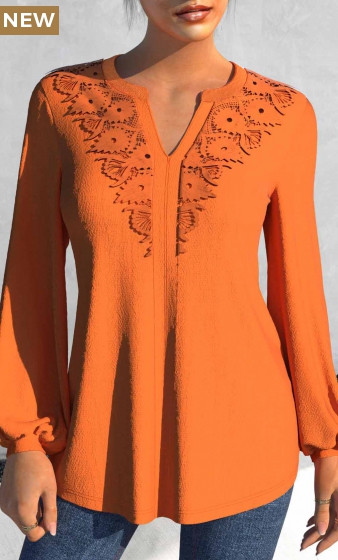 Orange Long Sleeve Split Neck Blouse