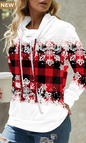 Red Plaid Long Sleeve Cowl Neck Sweatshirt