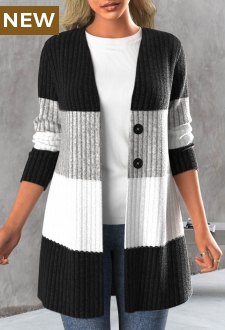 Black Button Contrast Color Long Sleeve Cardigan
