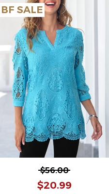 Sky Blue Split Neck 3/4 Sleeve Lace Blouse