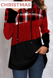 Red Twisted Tartan Print Long Sleeve Hoodie