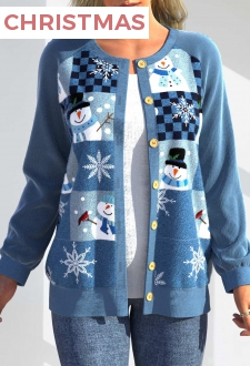 Blue Patchwork Christmas Print Long Sleeve Cardigan