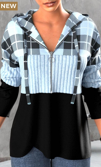 Light Blue Zipper Tartan Print Long Sleeve Hoodie