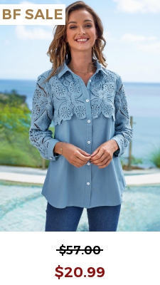 Faux Denim Lace Stitching Turndown Collar Blouse