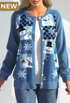 Blue Patchwork Christmas Print Long Sleeve Cardigan
