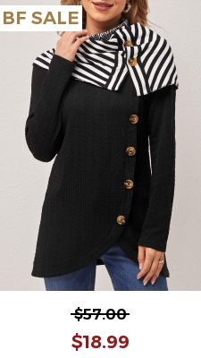 Black Striped Decorative Button Cape Sleeve Sweatshirt