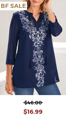 Navy Blue Split Neck Tribal Print Blouse