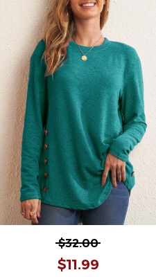 Decorative Button Green Long Sleeve Round Neck T Shirt