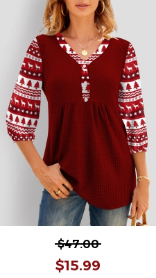 Red Christmas Print 3/4 Sleeve Blouse