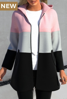 Pink Zipper Contrast Color Long Sleeve Hooded Jacket