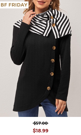 Black Striped Decorative Button Cape Sleeve Sweatshirt