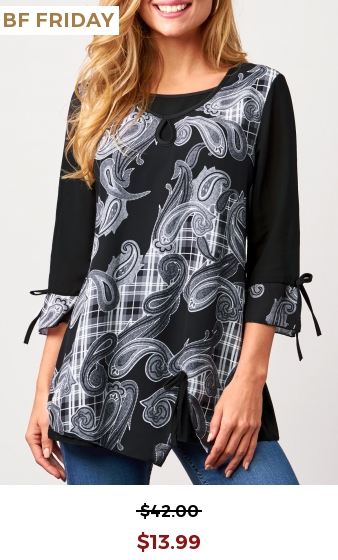 Paisley Print 3/4 Sleeve Black Blouse