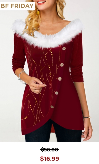 Wine Red Oblique Button Faux Fur Valentines Sweatshirt