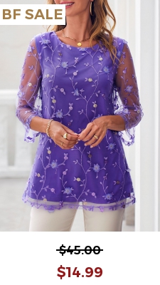 Mesh Stitching Embroidered Purple 3/4 Sleeve Blouse