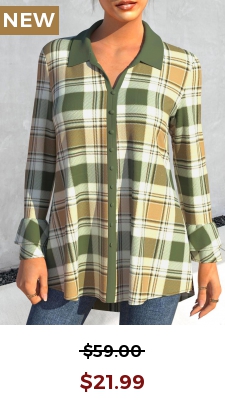 Plaid Turndown Collar Green Long Sleeve Blouse
