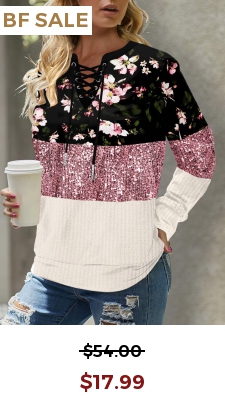 Sequin Floral Print Lace Up Sweatshirt