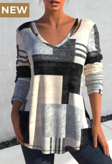 Grey Cut Out Geometric Print T Shirt