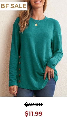 Decorative Button Green Long Sleeve Round Neck T Shirt
