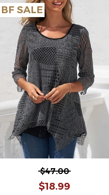 Black Asymmetric Hem Round Neck Textured T Shirt
