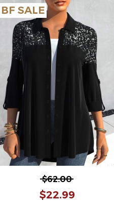 Black Sequin Three Quarter Length Sleeve Blouse