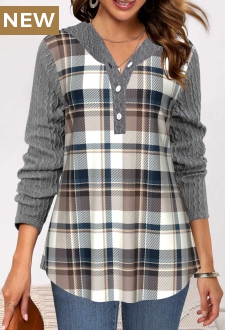 Grey Twisted Tartan Print Long Sleeve Hoodie