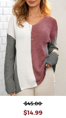 Color Block V Neck Long Sleeve Sweater