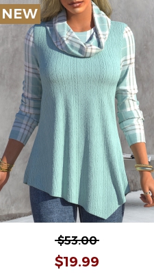 Cyan Asymmetric Hem Tartan Print Long Sleeve Sweatshirt