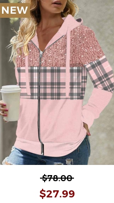 Pink Sequin Tartan Print Long Sleeve Hoodie