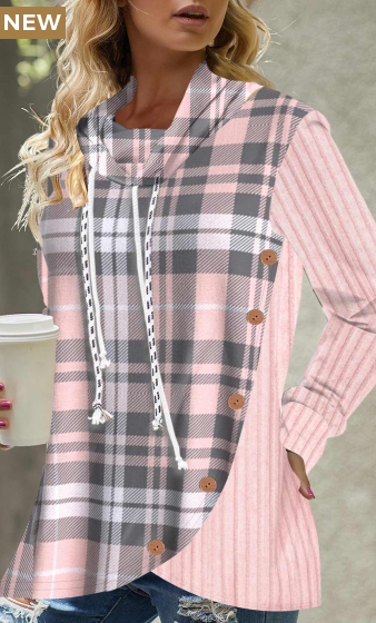 Button Tartan Print Pink Drawstring Sweatshirt