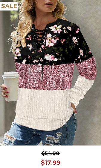 Sequin Floral Print Lace Up Sweatshirt