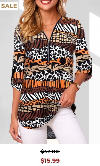 Multi Color Zipper Animal Print Long Sleeve Blouse