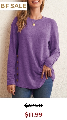 Purple Decorative Button Round Neck Long Sleeve T Shirt