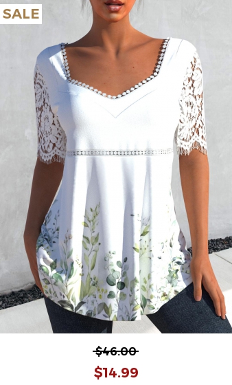 Leaf Print Lace Stitching White T Shirt