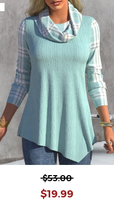 Cyan Asymmetric Hem Tartan Print Long Sleeve Sweatshirt