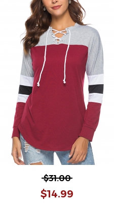 Lace Up Wine Red Contrast Long Sleeve T Shirt