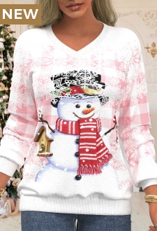 Pink Christmas Print Long Sleeve V Neck Sweatshirt