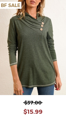 Decorative Button Long Sleeve Asymmetrical Neck T Shirt