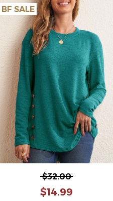 Decorative Button Green Long Sleeve Round Neck T Shirt