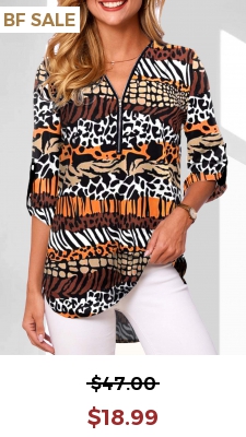 Multi Color Zipper Animal Print Long Sleeve Blouse
