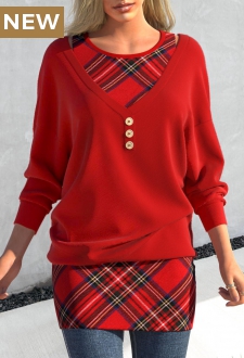 Red Faux Two Piece Plaid Sweatshirt