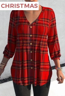 Red Tuck Stitch Tartan Print Blouse