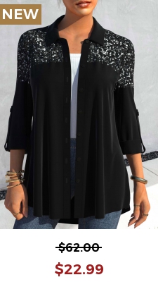 Black Sequin Three Quarter Length Sleeve Blouse