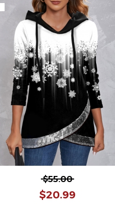Christmas Snowflake Print Cross Hem Sequin Black Hoodie