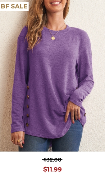 Purple Decorative Button Round Neck Long Sleeve T Shirt