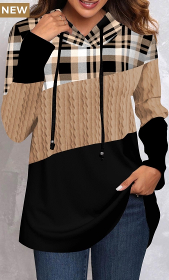 Light Camel Twisted Tartan Print Long Sleeve Hoodie